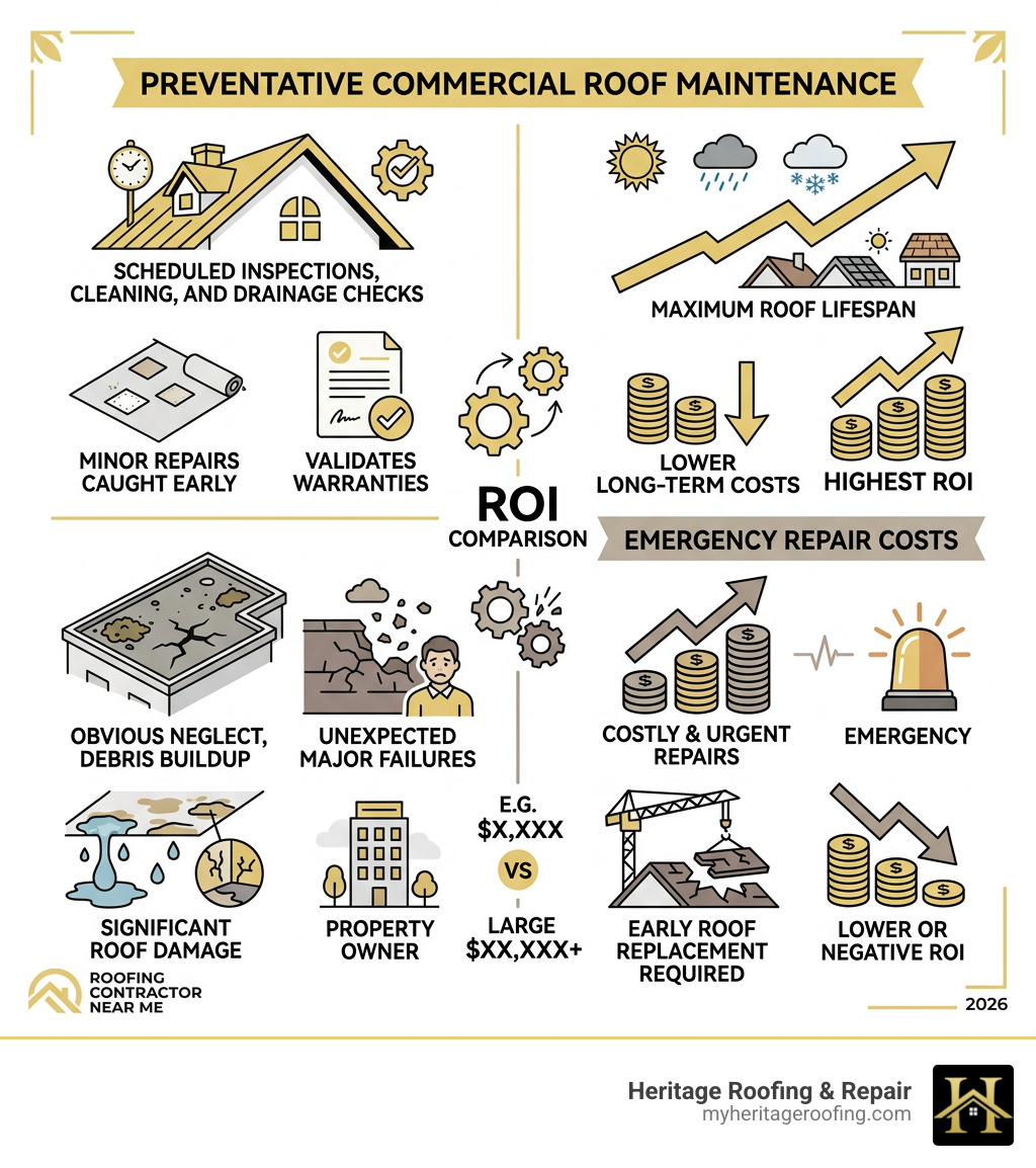 Infographic showing ROI of preventative commercial roof maintenance vs emergency repair costs - commercial roof maintenance Infographic showing ROI of preventative commercial roof maintenance vs emergency repair costs - commercial roof maintenance