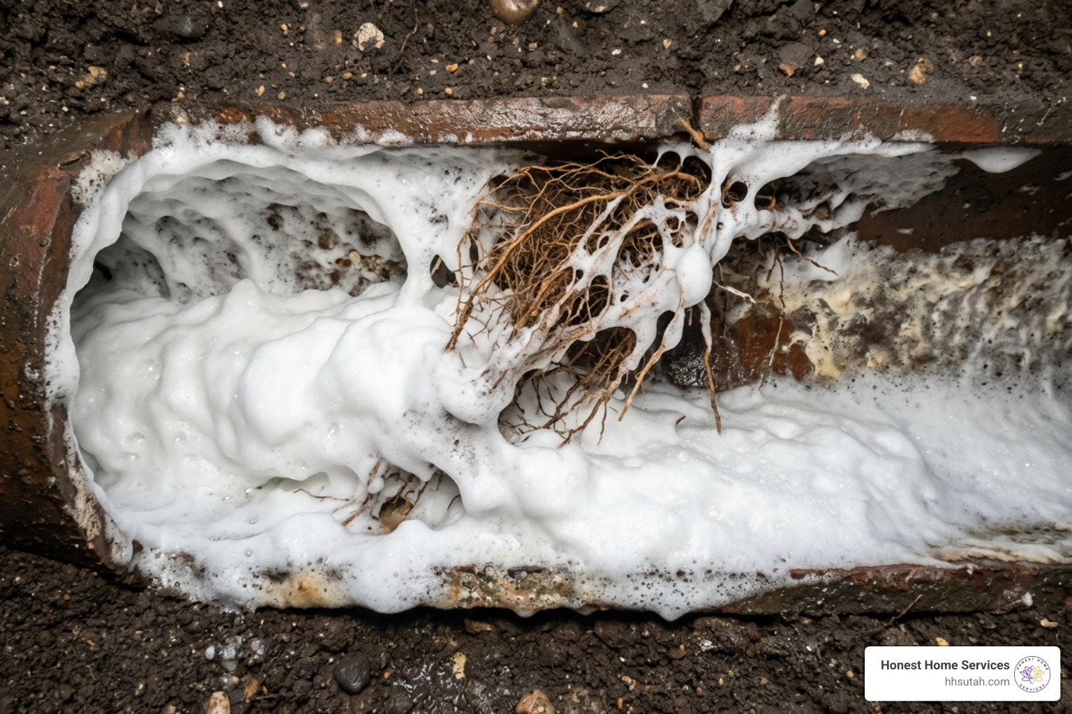 Foaming root killer expanding in a sewer pipe to coat all surfaces - main line root killer Foaming root killer expanding in a sewer pipe to coat all surfaces - main line root killer
