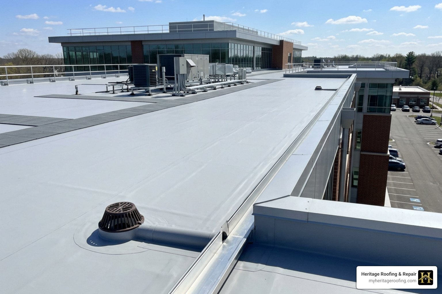 Clean well-drained flat roof system - commercial roof maintenance near me Clean well-drained flat roof system - commercial roof maintenance near me