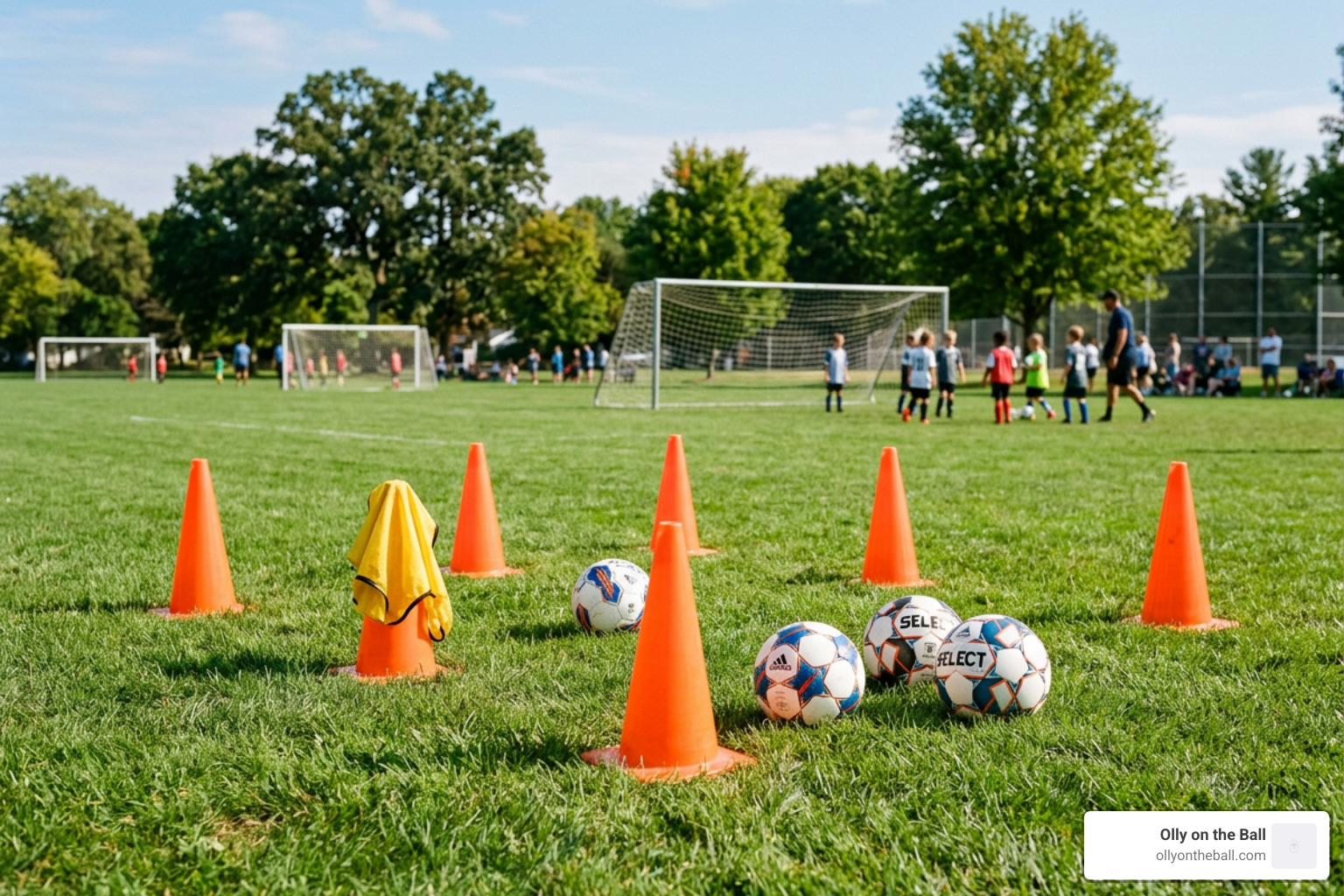 soccer cones and balls on a grass field - free football drills for youth soccer cones and balls on a grass field - free football drills for youth