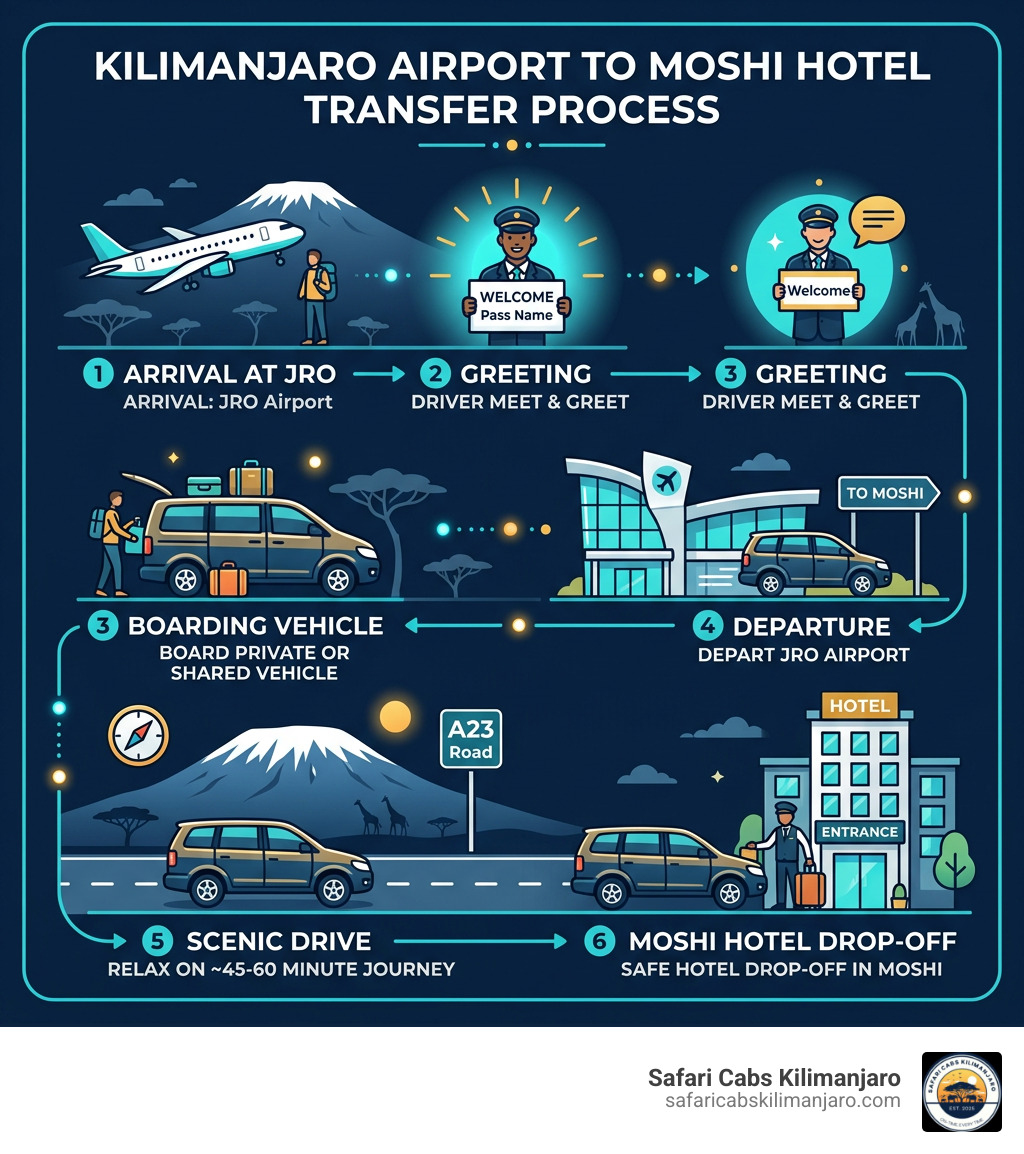 Infographic showing the step-by-step transfer process from JRO airport to Moshi hotel drop-off - Kilimanjaro airport to