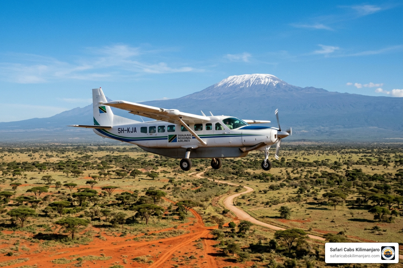 Regional aircraft flying over the Tanzanian landscape near Mount Kilimanjaro - Direct JRO to Arusha
