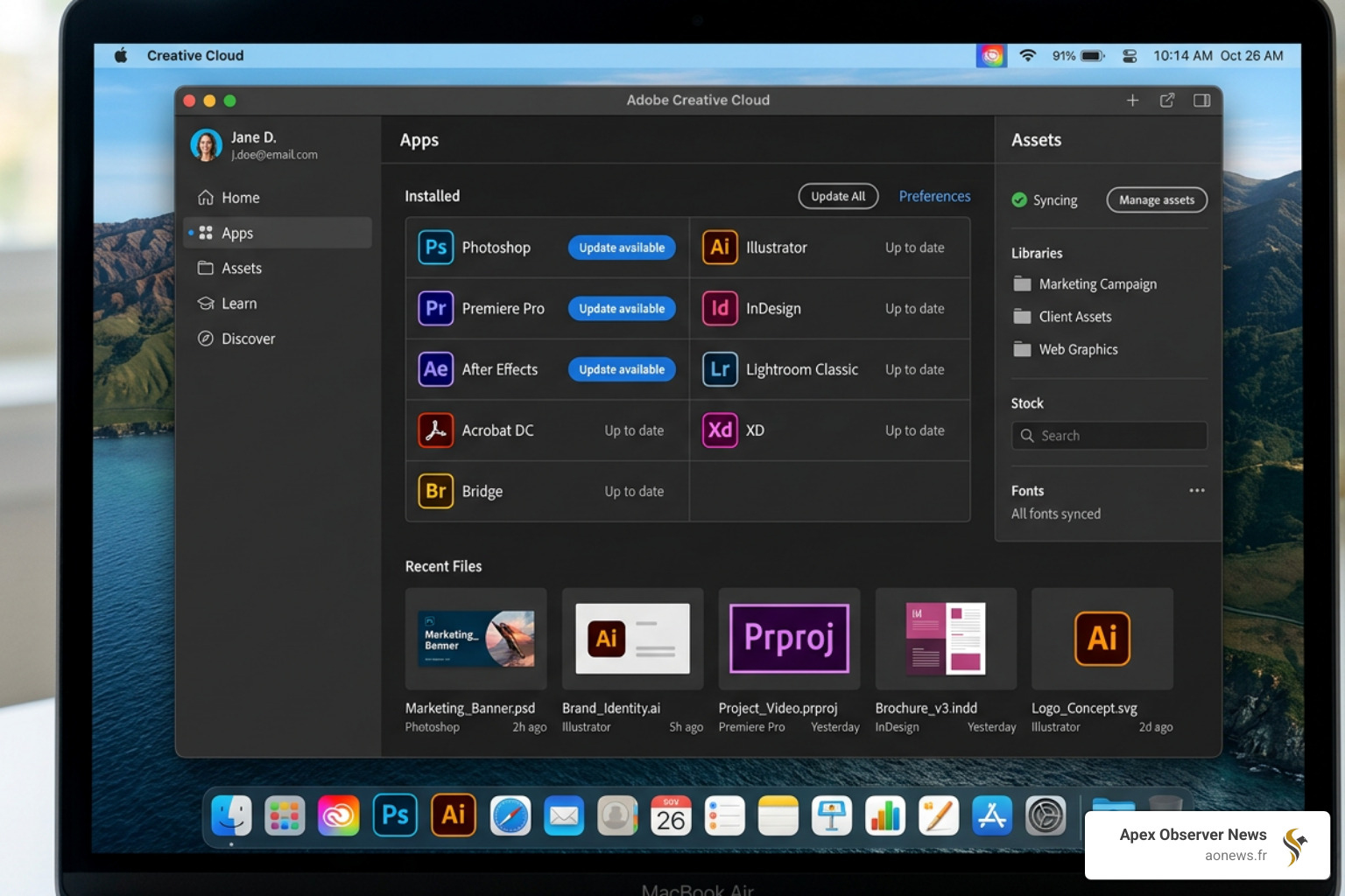 Interface of the Creative Cloud desktop application showing app updates and asset management - adobe creative cloud Interface of the Creative Cloud desktop application showing app updates and asset management - adobe creative cloud