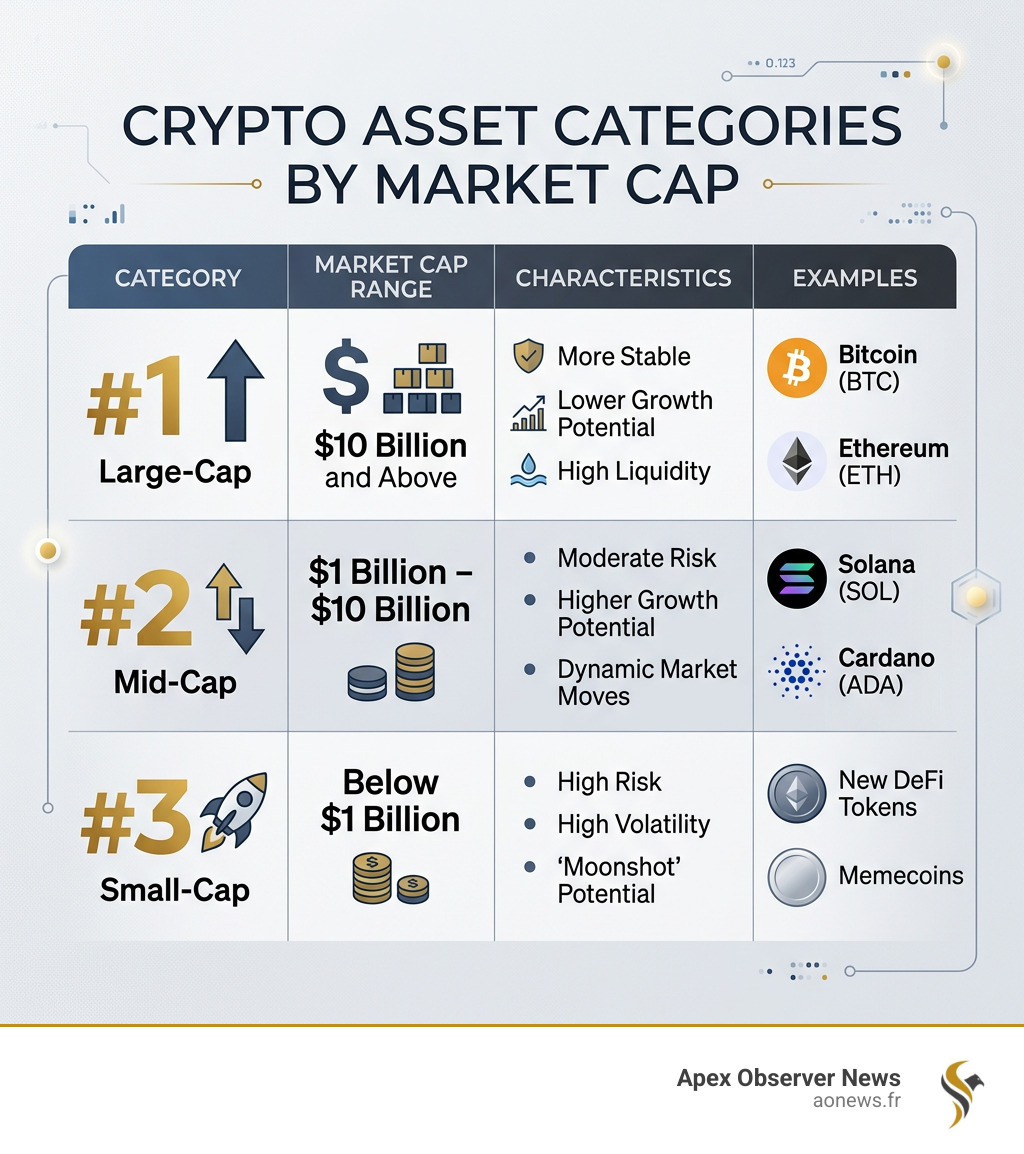 Table comparing crypto assets by market cap: Large-cap vs Mid-cap vs Small-cap - price crypto currency infographic 