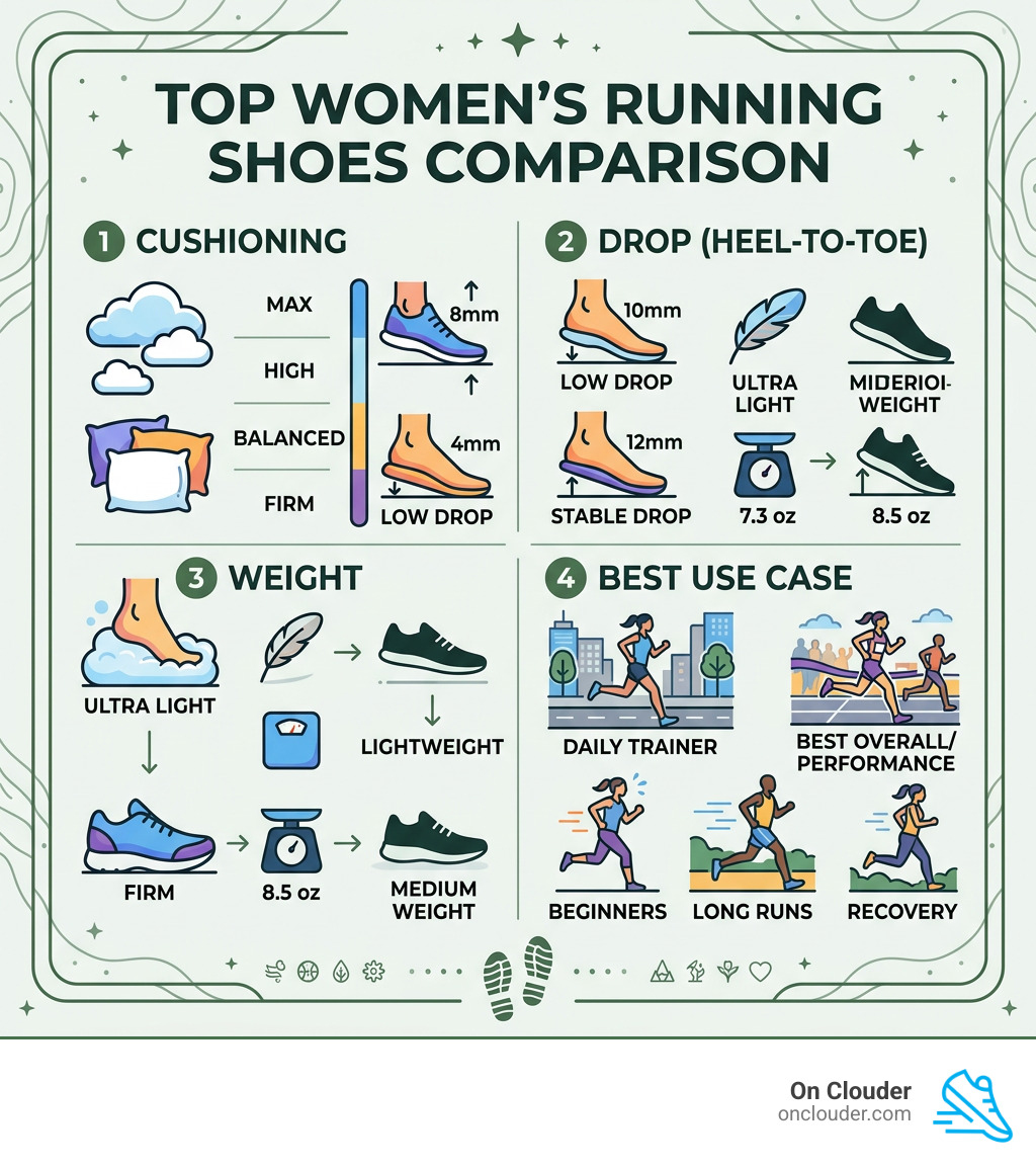 infographic showing top women's running shoes ranked by cushioning, drop, weight, and best use case - best running shoes