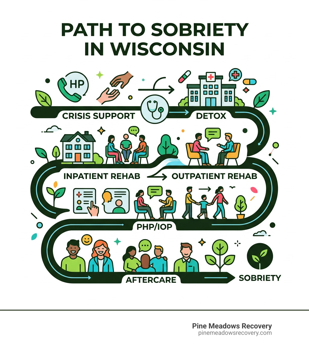 Infographic showing the path to sobriety in Wisconsin: crisis support, detox, inpatient or outpatient rehab, PHP/IOP Infographic showing the path to sobriety in Wisconsin: crisis support, detox, inpatient or outpatient rehab, PHP/IOP