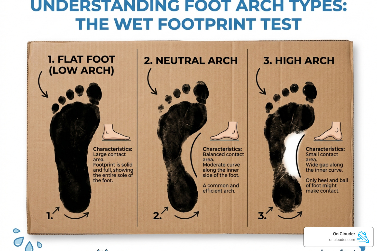 Illustration of the wet test showing flat, neutral, and high arch footprints - running shoes for overpronators