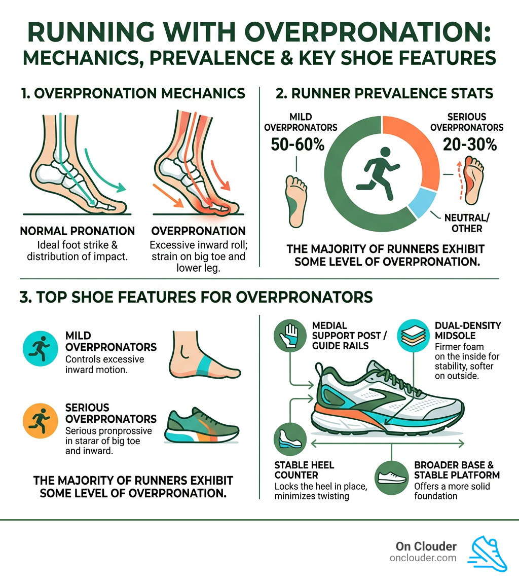 Infographic showing overpronation mechanics, prevalence stats, and top shoe features at a glance - running shoes for