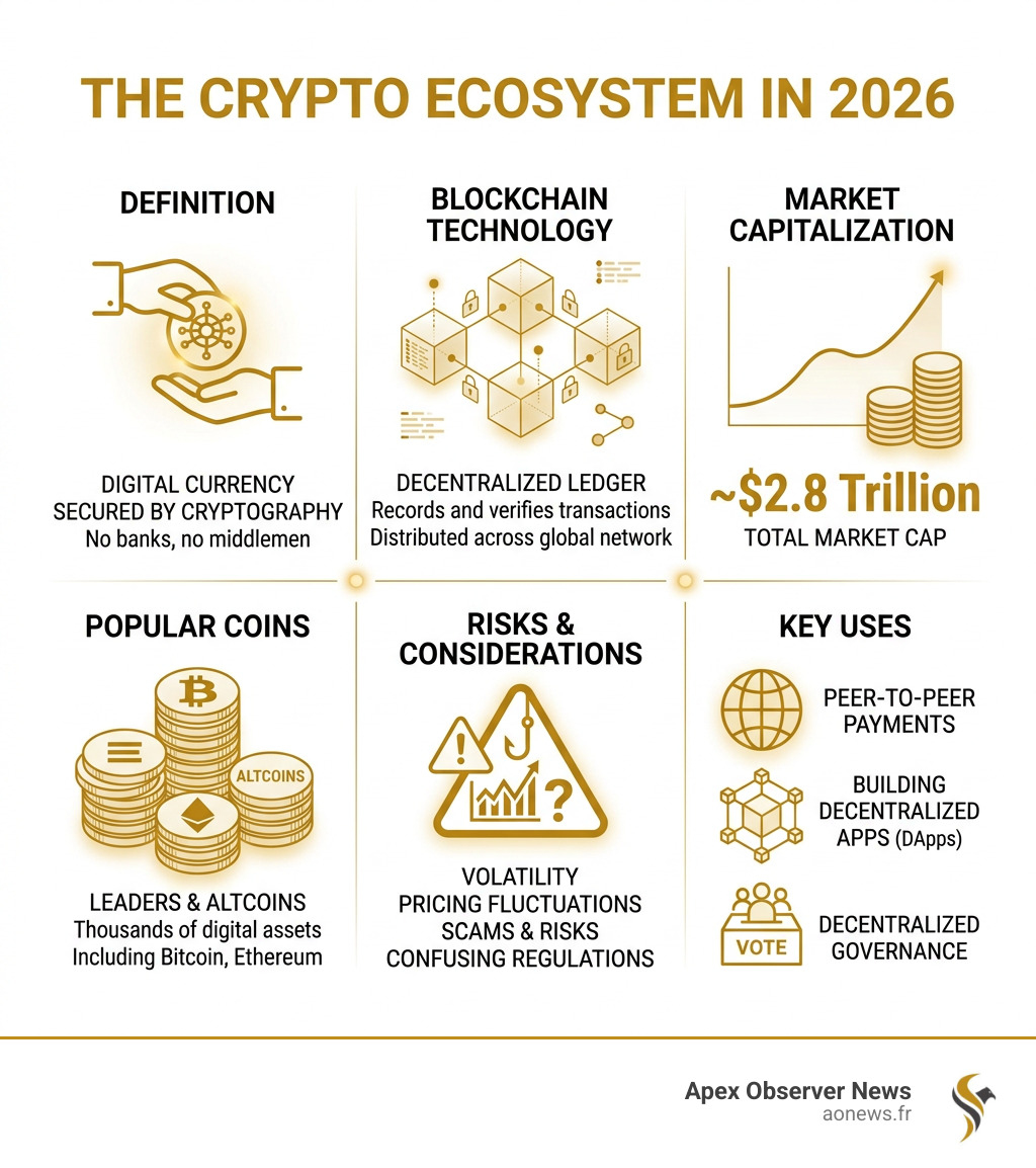 Infographic showing crypto ecosystem: definition, blockchain, market cap, popular coins, risks, and uses - crypto Infographic showing crypto ecosystem: definition, blockchain, market cap, popular coins, risks, and uses - crypto