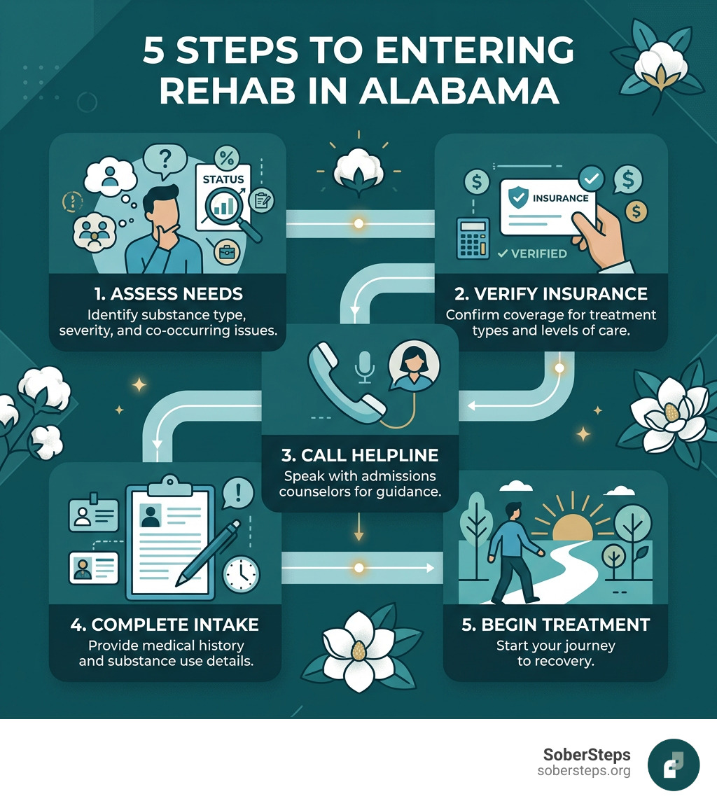 Steps to entering rehab in Alabama: assess needs, verify insurance, call helpline, complete intake, begin treatment Steps to entering rehab in Alabama: assess needs, verify insurance, call helpline, complete intake, begin treatment