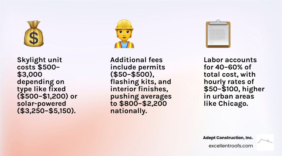 Infographic showing average skylight replacement cost breakdown: unit cost, labor, flashing, permits, and interior finish