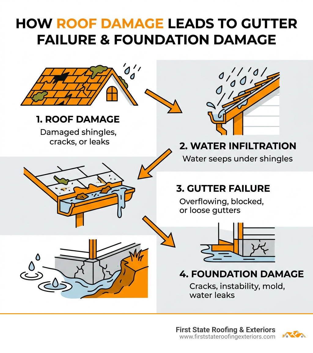 Infographic showing how roof damage leads to gutter failure and cascading water damage to foundation - gutter and roof