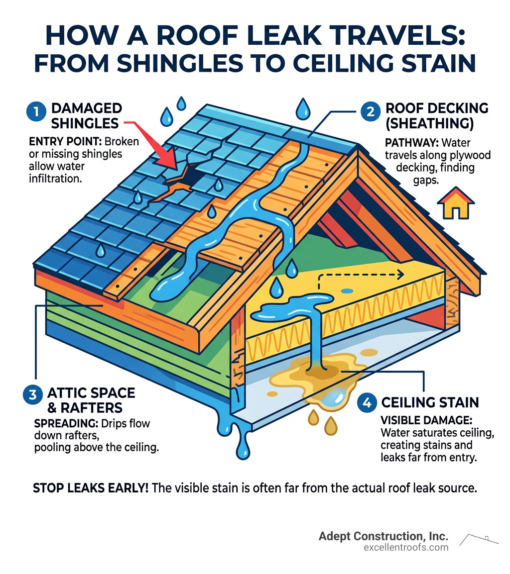 Infographic: how a roof leak travels from damaged shingles through decking to ceiling stain - stopping roof leaks