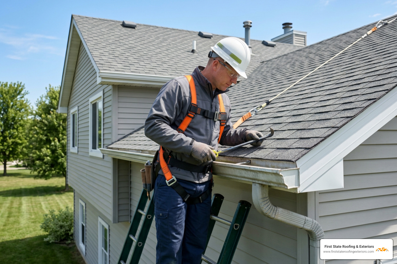 Professional roofer wearing OSHA required safety harness inspecting a roof and gutter system - gutter and roof repair near me