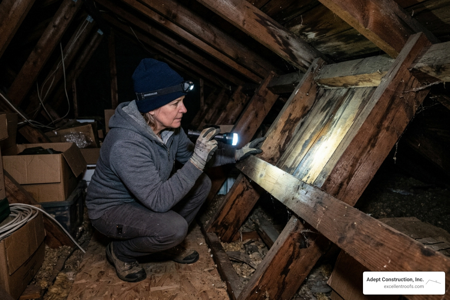 Person using a flashlight in a dark attic to find water stains on rafters - stopping roof leaks