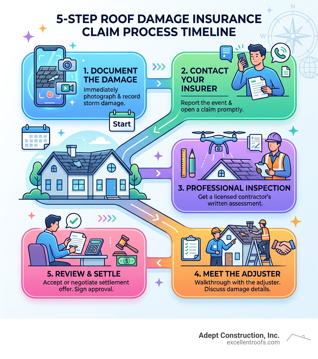 5-step roof damage insurance claim process timeline infographic - roof damage insurance claims infographic 
