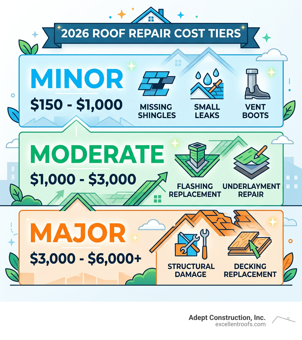 Infographic showing 2026 roof repair cost tiers from minor $150-$1000 to moderate $1000-$3000 to major $3000-$6000+ - roof Infographic showing 2026 roof repair cost tiers from minor $150-$1000 to moderate $1000-$3000 to major $3000-$6000+ - roof