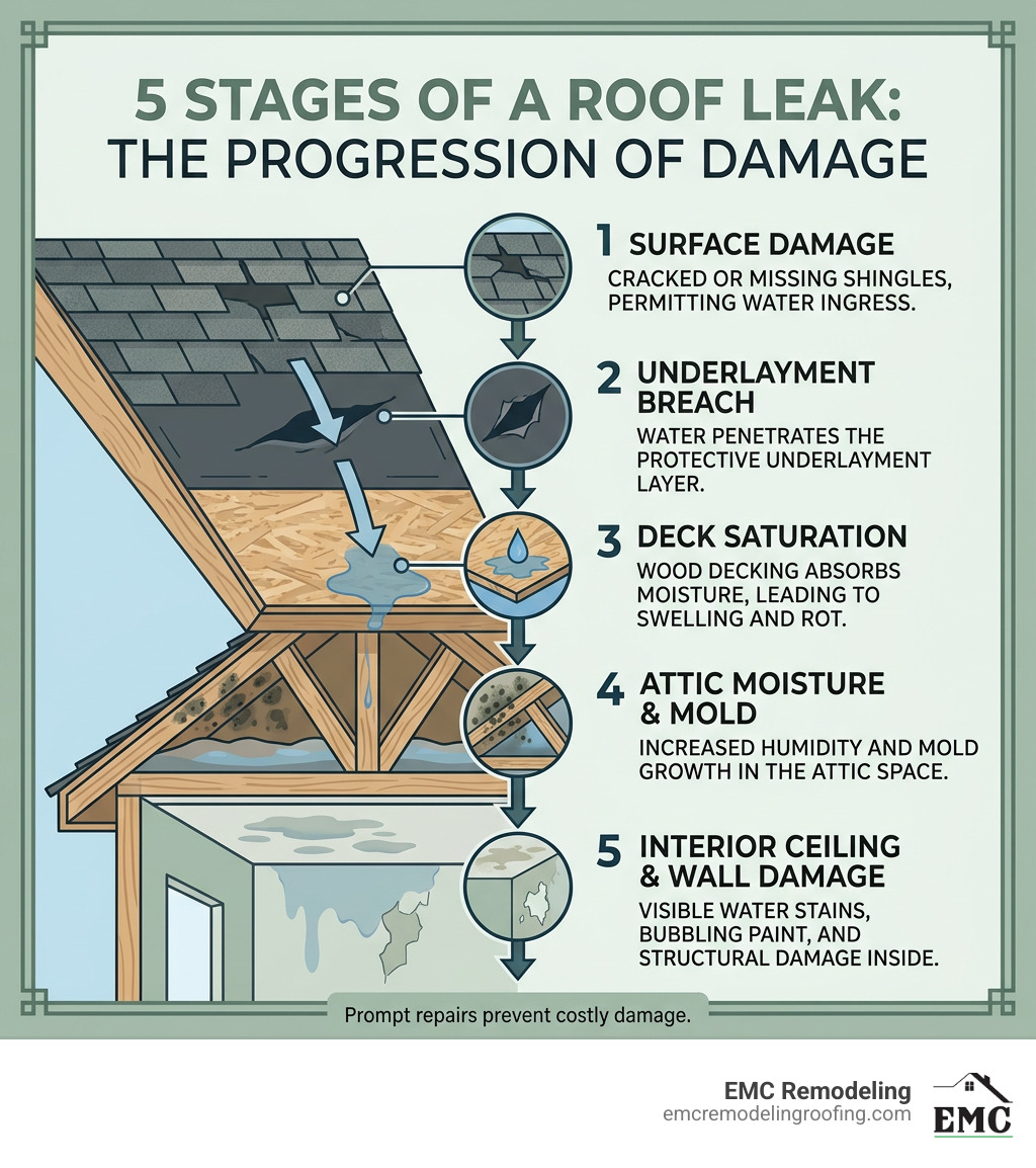 5 stages of a roof leak infographic: 1. Surface damage (cracked or missing shingles) 2. Underlayment breach 3. Deck
