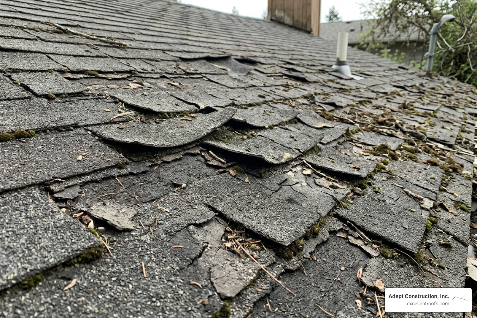 An aging roof with widespread shingle curling and granule loss - fix roof damage