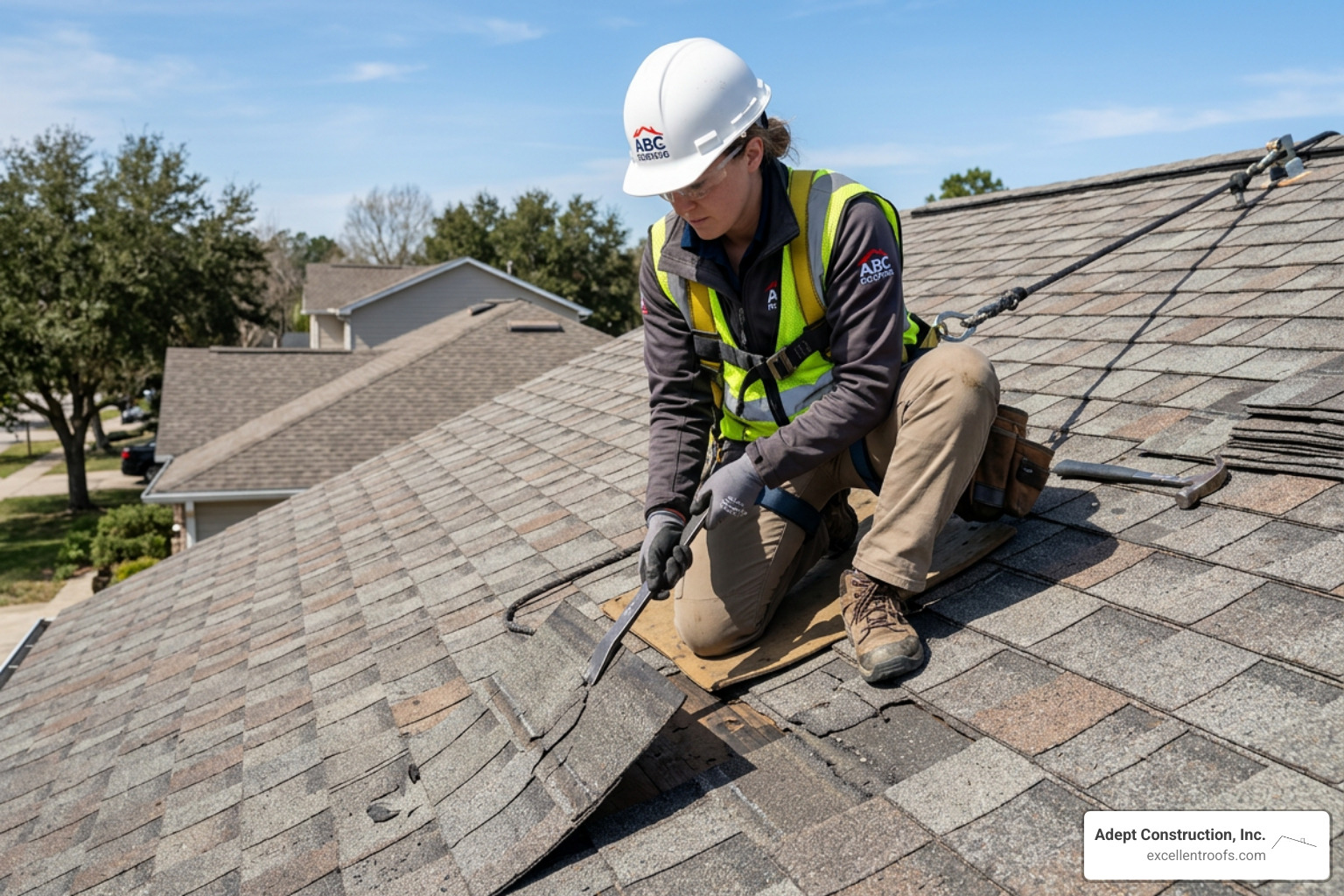 A professional roofer using a flat bar to pry up a damaged asphalt shingle - fix roof damage