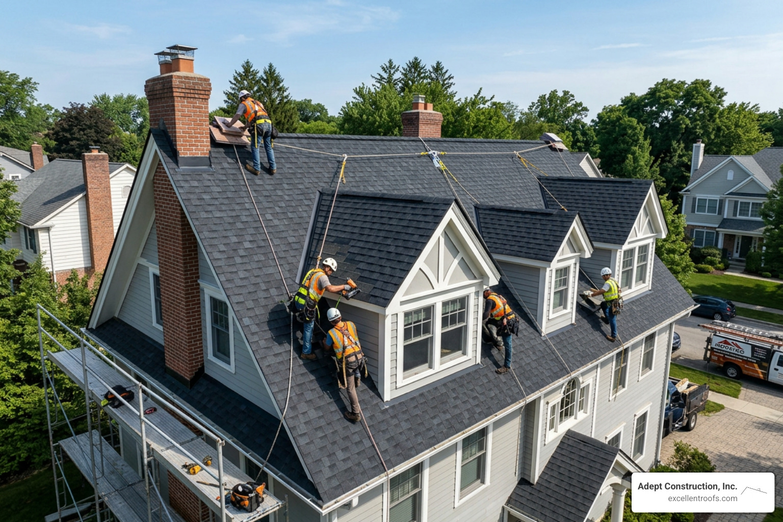 Steep pitched roof with multiple dormers and chimneys requiring specialized safety equipment - roof repair cost Steep pitched roof with multiple dormers and chimneys requiring specialized safety equipment - roof repair cost