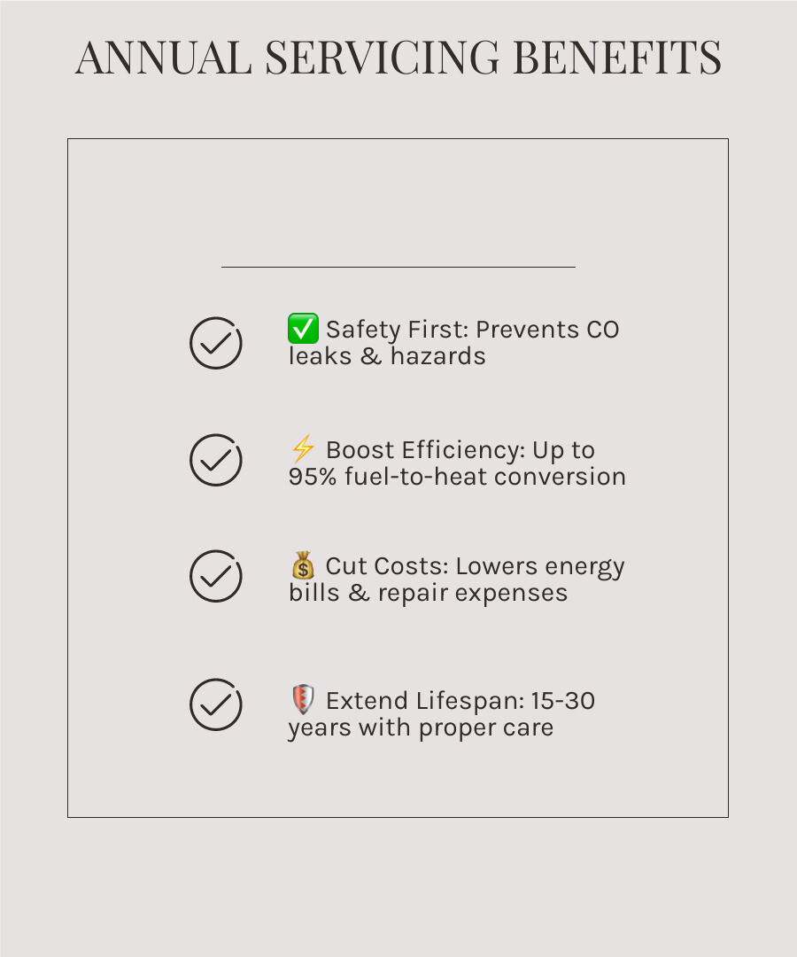 Benefits of annual oil boiler servicing infographic showing safety, efficiency, lifespan, and cost savings - oil boiler