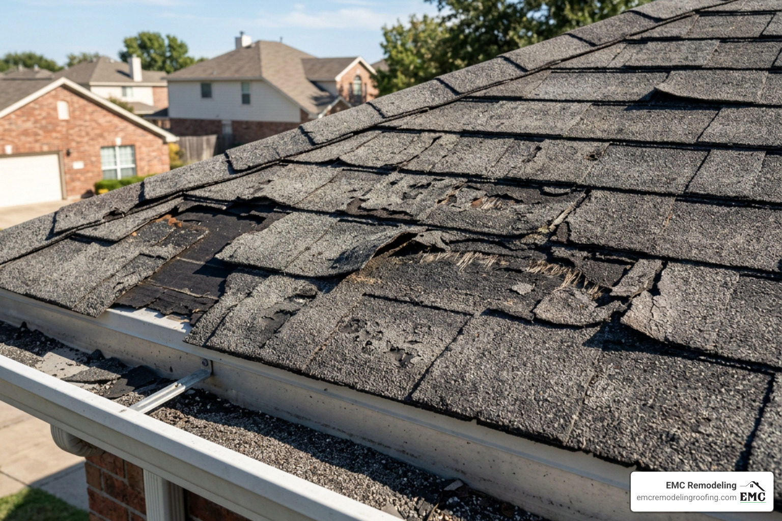 damaged asphalt shingles showing granule loss and curling - roofing repair temple tx