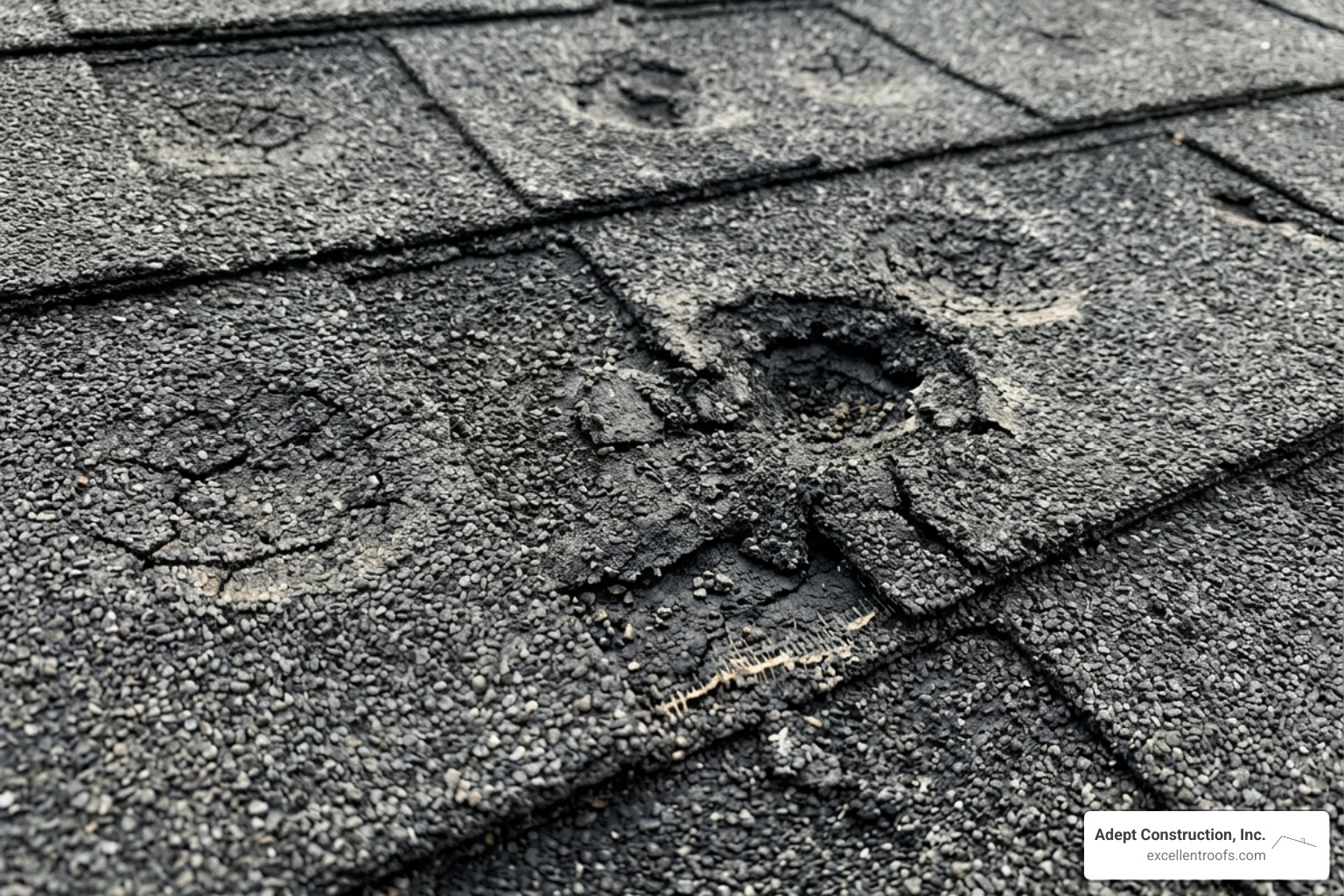 hail impact damage on asphalt shingles close up - roof damage insurance claims