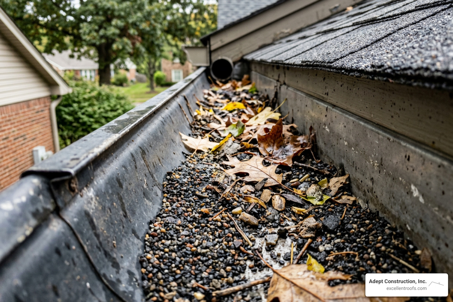 Granule loss from shingles collected in a residential gutter - fix roof damage
