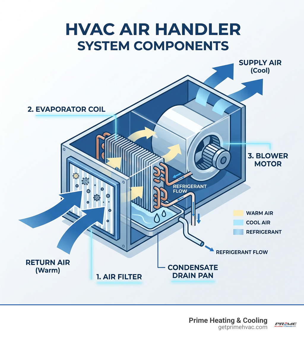 Diagram showing components of an HVAC air handler system including blower motor, evaporator coil, and filter - AC air