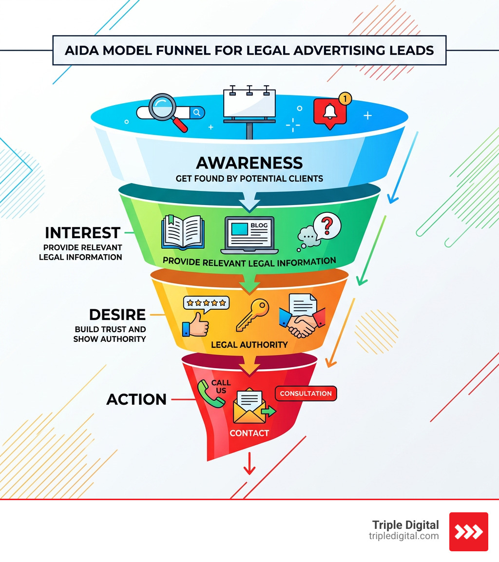 AIDA model funnel for legal advertising leads showing Awareness, Interest, Desire, and Action stages - legal advertising AIDA model funnel for legal advertising leads showing Awareness, Interest, Desire, and Action stages - legal advertising