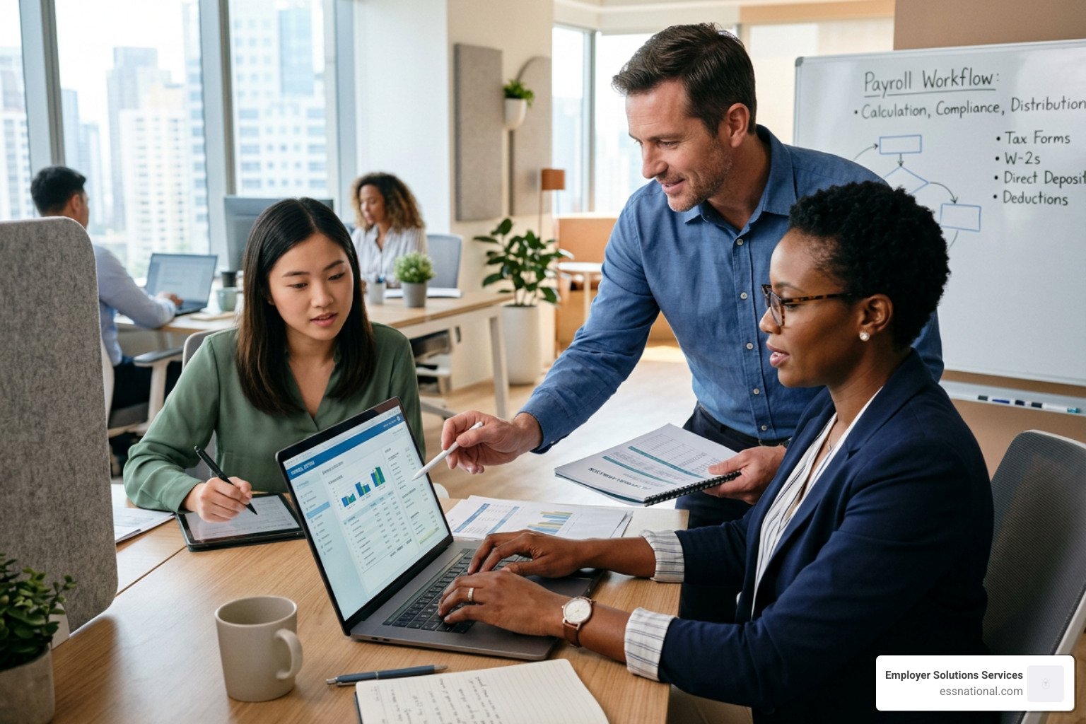 diverse workforce team collaborating in a modern office setting - payroll services