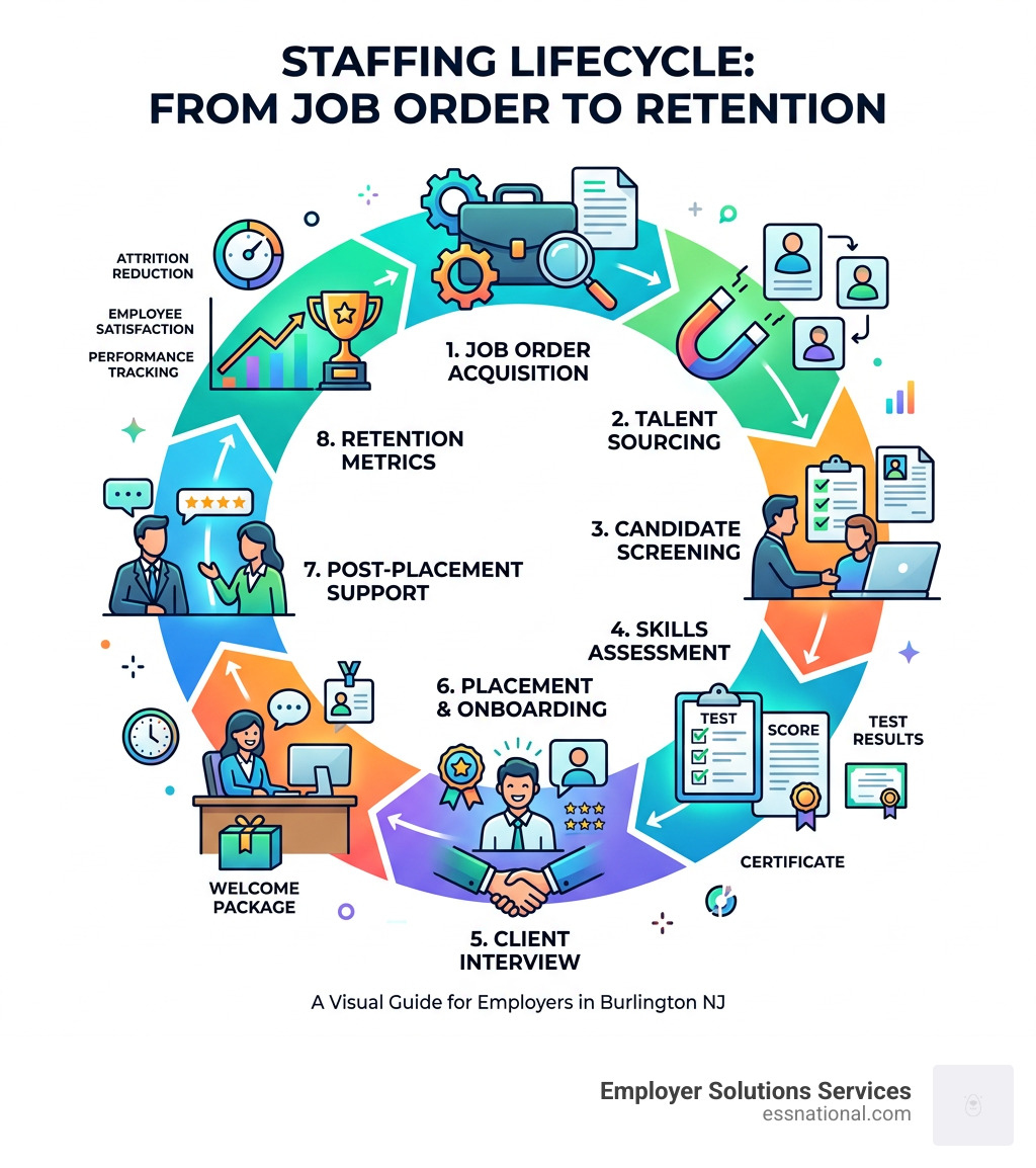 Staffing lifecycle infographic showing steps from job order to placement to retention metrics - staffing agency burlington Staffing lifecycle infographic showing steps from job order to placement to retention metrics - staffing agency burlington