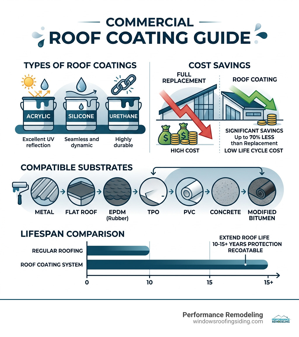 Infographic showing types of commercial roof coatings, cost savings, compatible substrates, and lifespan comparison