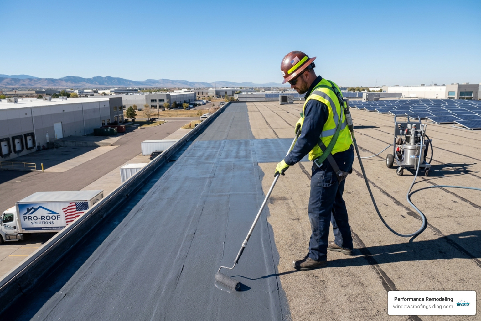 Technician applying a liquid-applied membrane to a flat commercial roof - commercial roof coating