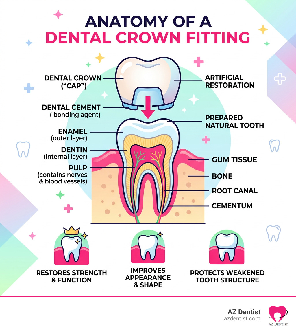 Infographic showing anatomy of a dental crown fitting over a natural tooth with labels - what are dental crowns infographic 