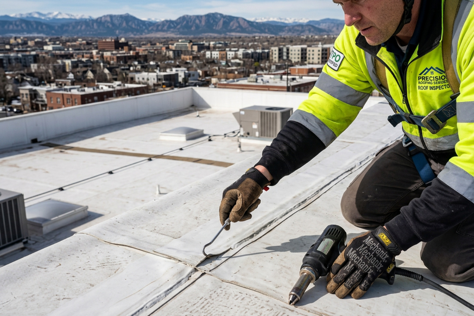 Professional roof inspector checking flat roof membrane seams - provo flat roof repair Professional roof inspector checking flat roof membrane seams - provo flat roof repair
