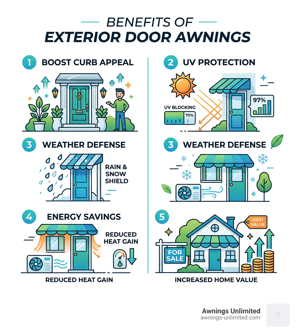 Benefits of exterior door awnings infographic: curb appeal, UV protection, weather defense, energy savings, home value Benefits of exterior door awnings infographic: curb appeal, UV protection, weather defense, energy savings, home value