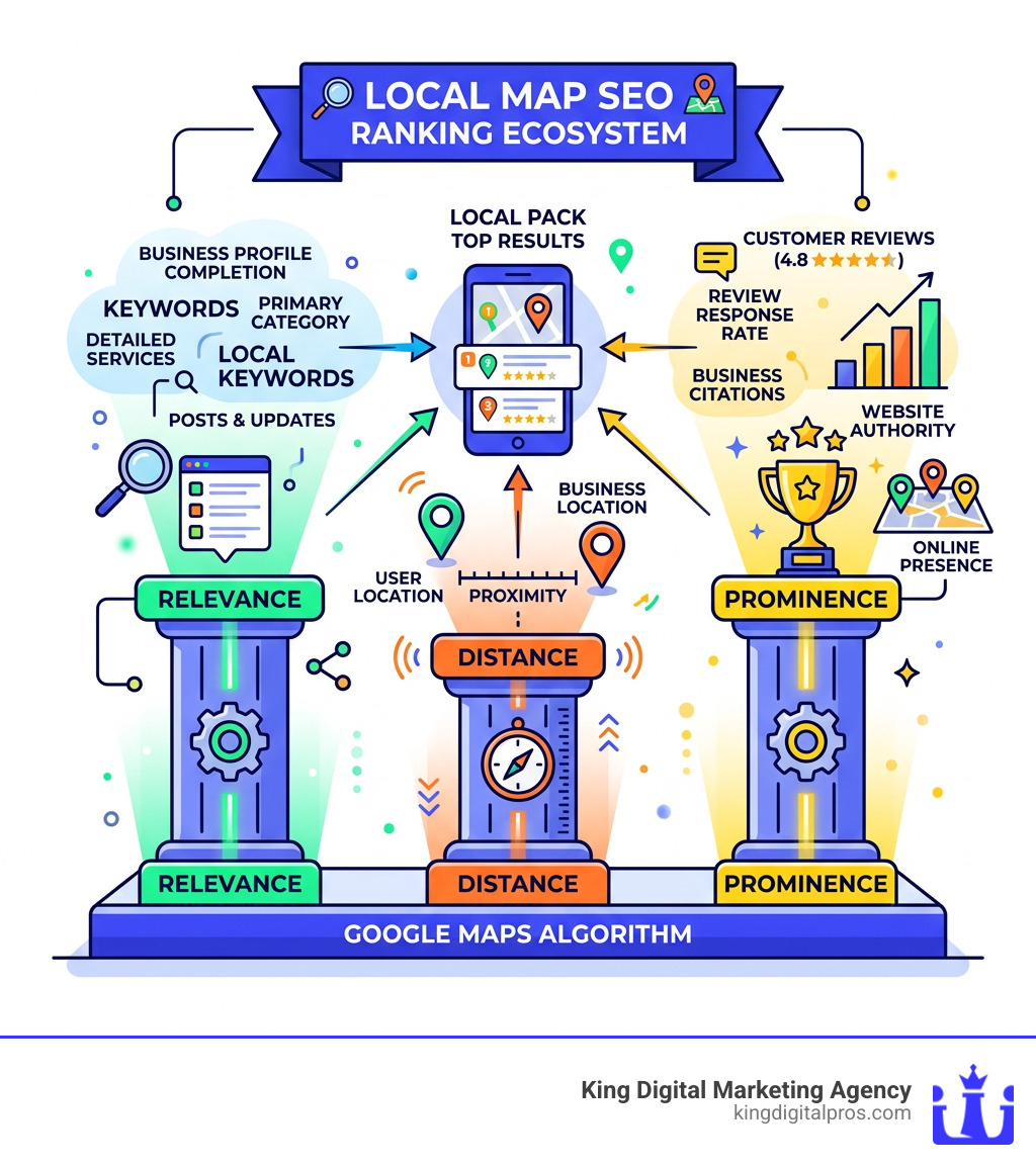 Infographic Showing Local Map Seo Ranking Ecosystem With Relevance, Distance, And Prominence Pillars - Local Map Seo