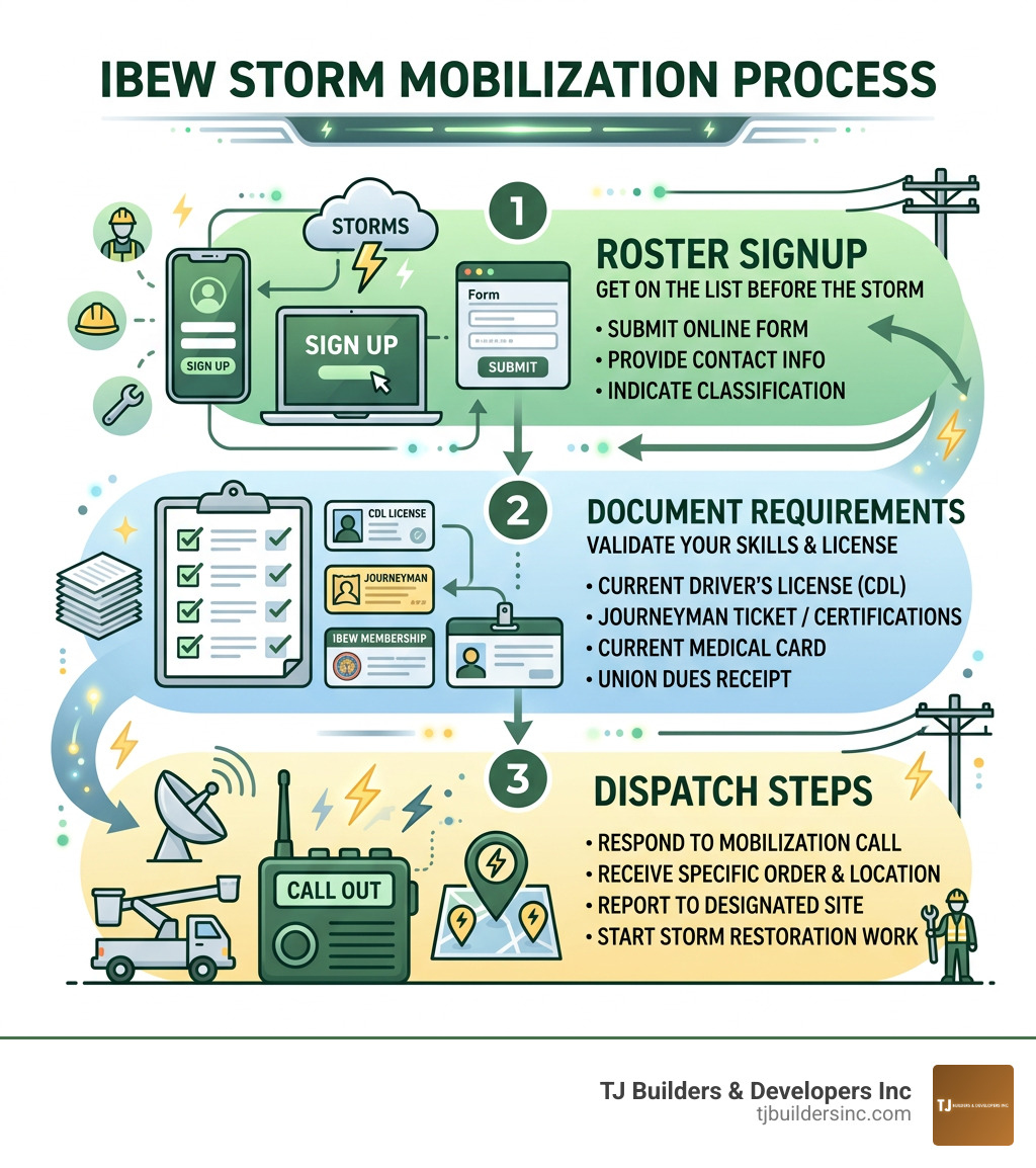 IBEW storm mobilization process infographic showing roster signup, document requirements, and dispatch steps - ibew storm