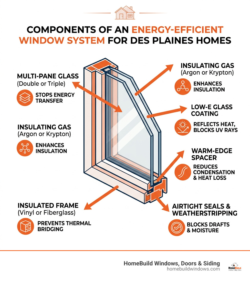 Infographic showing components of an energy-efficient window system for Des Plaines homes - des plaines replacement windows