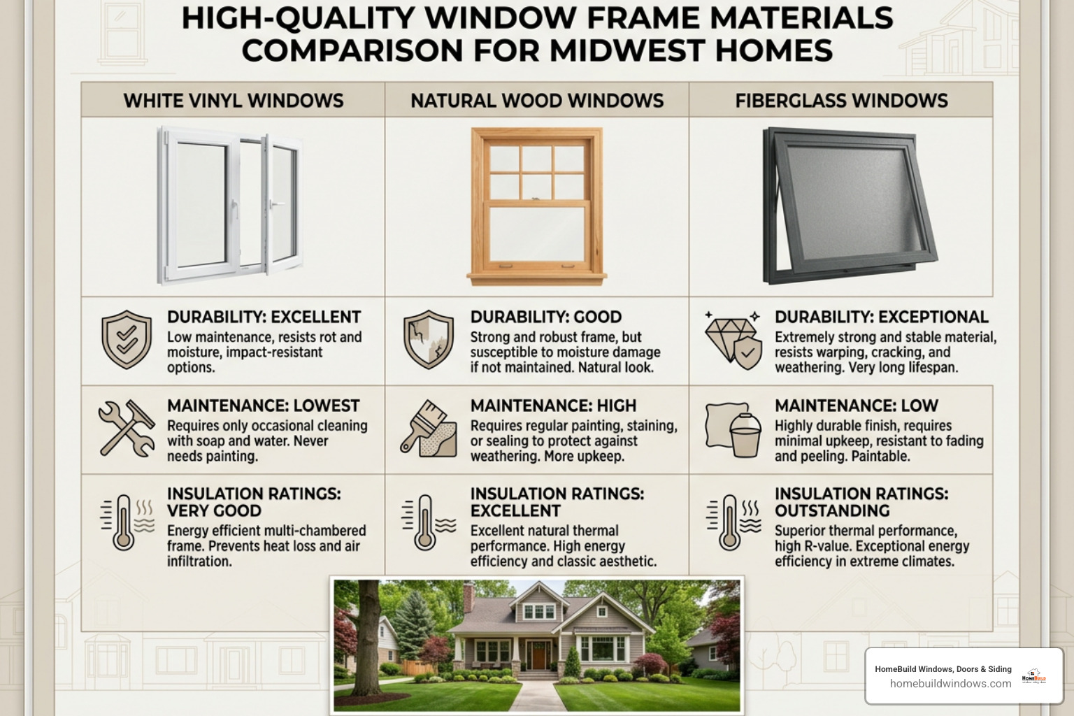 Comparison of high-quality window frame materials including vinyl and fiberglass - des plaines replacement windows