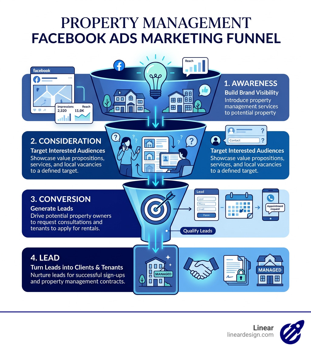 Property management Facebook ads marketing funnel from awareness to lead conversion - property management facebook ads