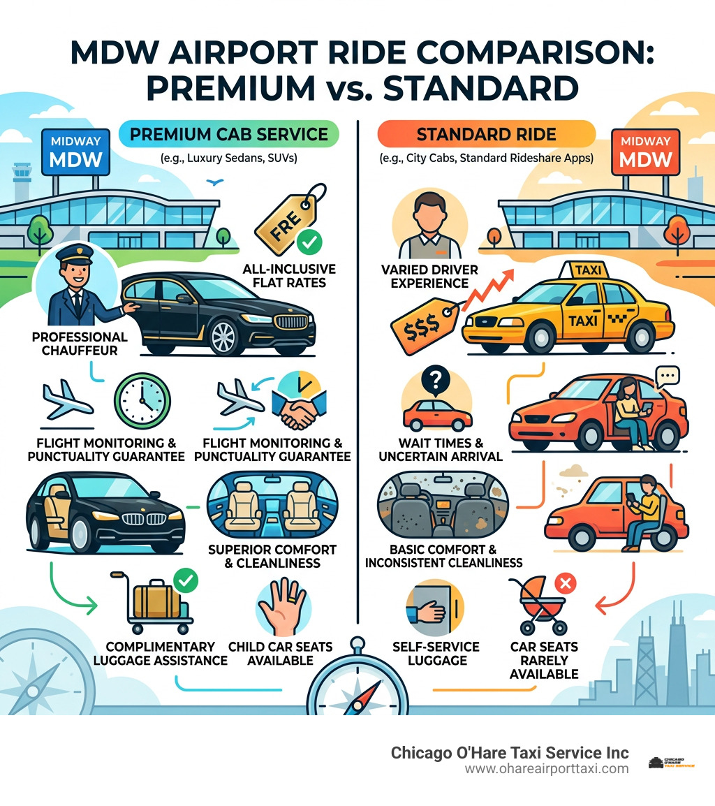 Premium vs. standard airport ride comparison infographic for Midway Airport travelers - premium cab from Midway infographic 