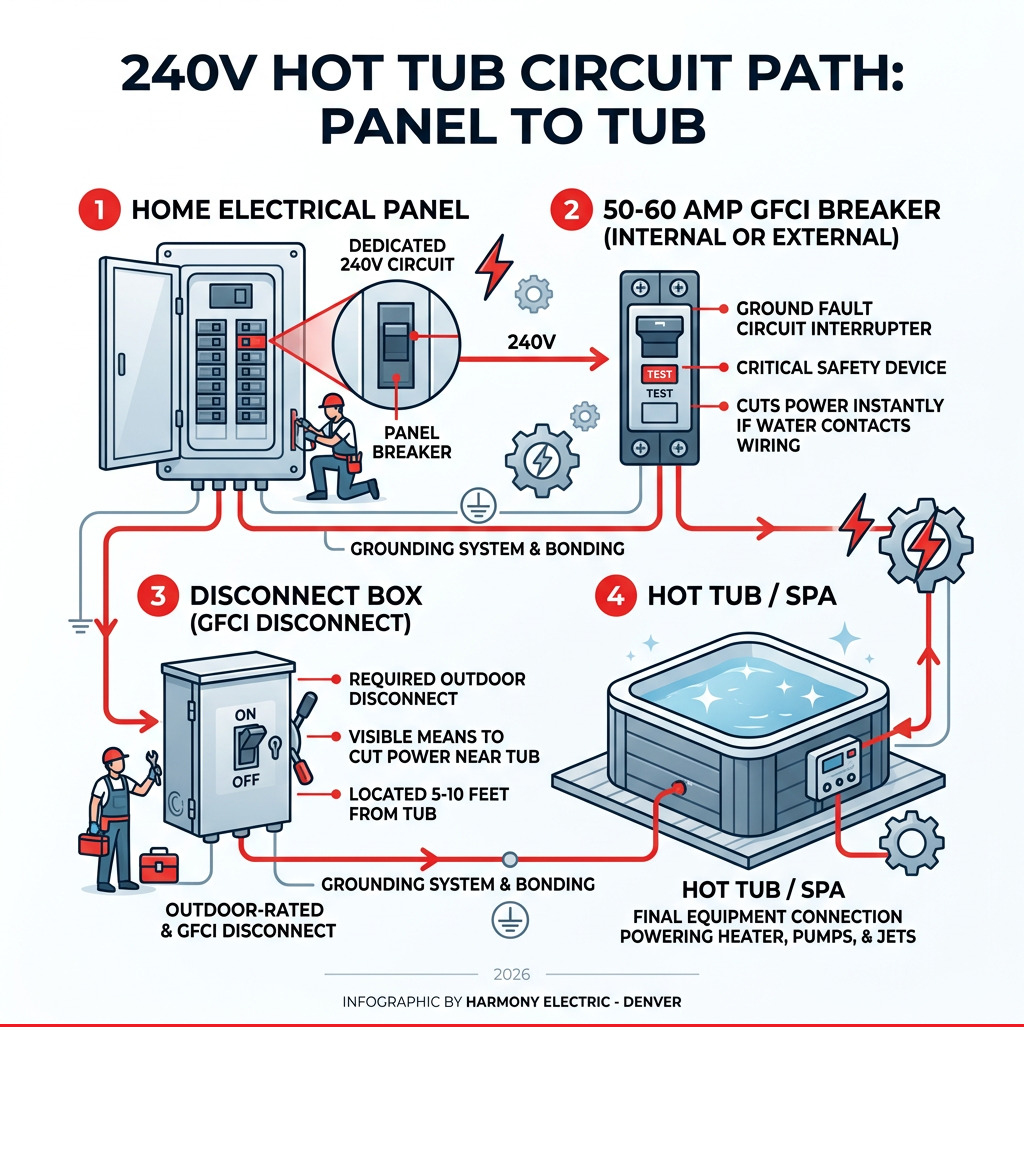 Infographic showing the 240V hot tub circuit path from panel to GFCI breaker to disconnect box to hot tub - electrician for Infographic showing the 240V hot tub circuit path from panel to GFCI breaker to disconnect box to hot tub - electrician for