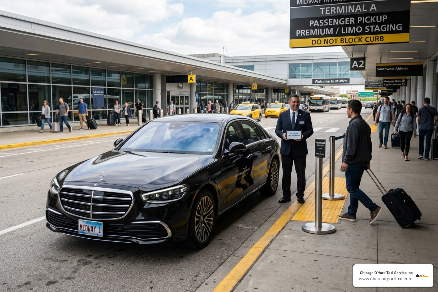 Luxury black sedan parked at Midway Airport for premium passenger pickup - premium cab from Midway