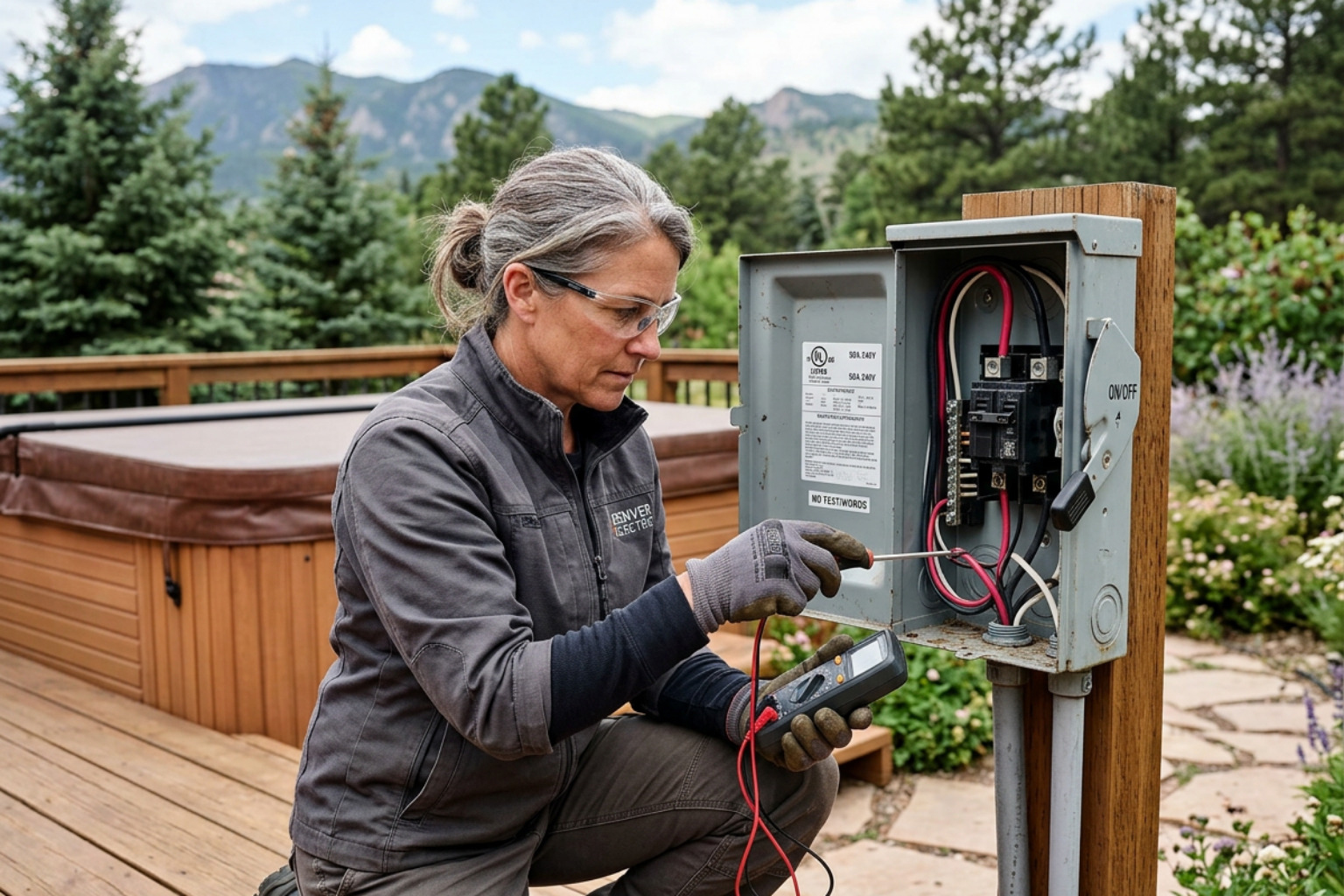 master electrician inspecting outdoor disconnect box in Denver - electrician for hot tub installation master electrician inspecting outdoor disconnect box in Denver - electrician for hot tub installation