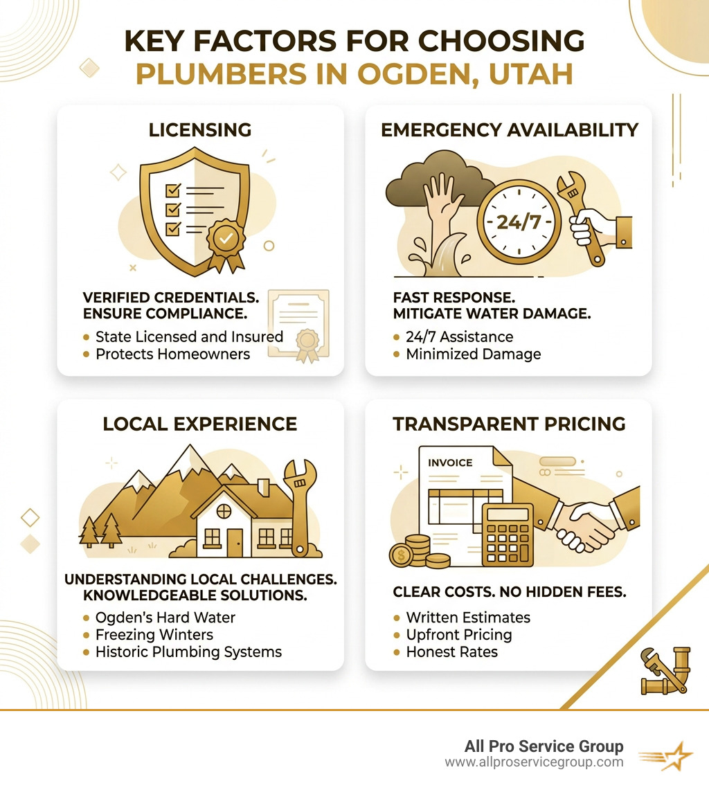 Infographic showing key factors for choosing plumbers in Ogden Utah: licensing, emergency availability, local experience