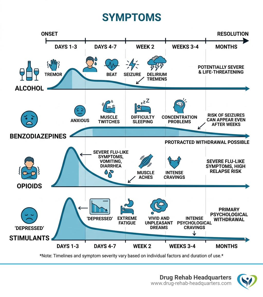 General timeline of substance withdrawal symptoms by drug type, from onset to resolution - cold turkey detox infographic 
