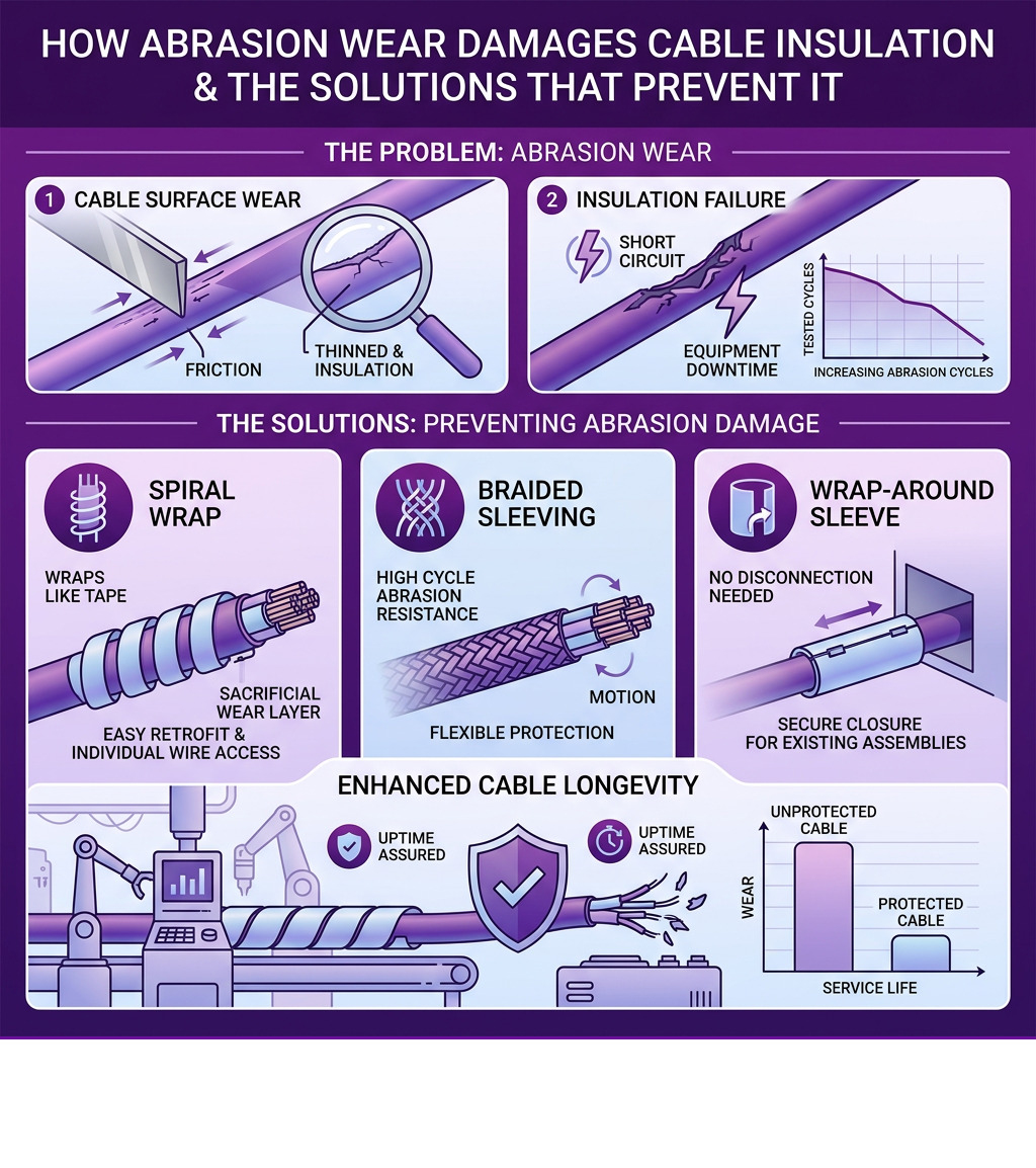 Infographic showing how abrasion wear damages wire insulation and how spiral wrap, braided sleeving, and wrap-around sleeves Infographic showing how abrasion wear damages wire insulation and how spiral wrap, braided sleeving, and wrap-around sleeves